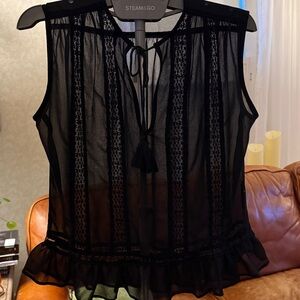 Moussy Sheer Tie V-Neck Tassels Black Sleeveless Peplum Ruffle Blouse Sz 1